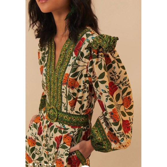 Farm‎ Rio Sand Garden Tapestry Romper XS Floral Green Puff Sleeve Cottage Whimsy - Picture 5 of 16